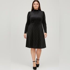 Lane Bryant Black Velvet Gold Studded Mock Neck Knee Length Dress Party NEW